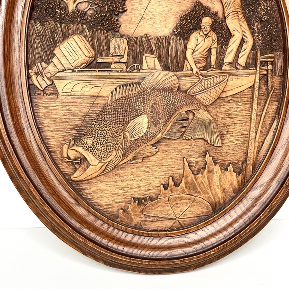 Kim Murray Wood Carving Fishing Scene Wall Plaque 3D - Picture 3 of 12